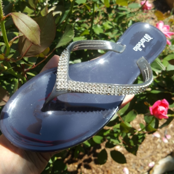 MARBELLA ♡ Gorgeous Navy Embellished Bling of Rhinestone Jelly Thong Sandals 6 - Picture 11 of 16